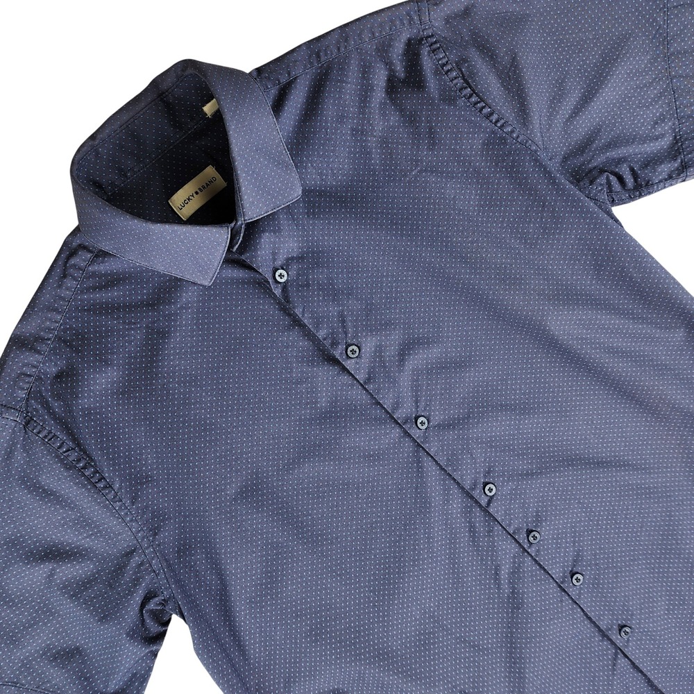 Lucky Brand Button Up Shirt Mens M Navy‎ Blue Micro Dot Short Sleeve Cotton